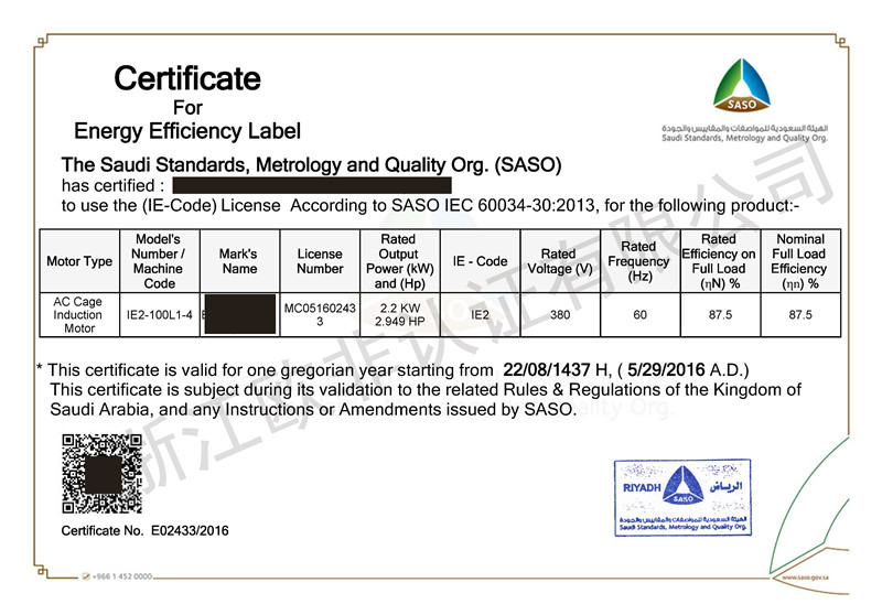 Saudi Arabia IE3 energy efficiency certificate sample